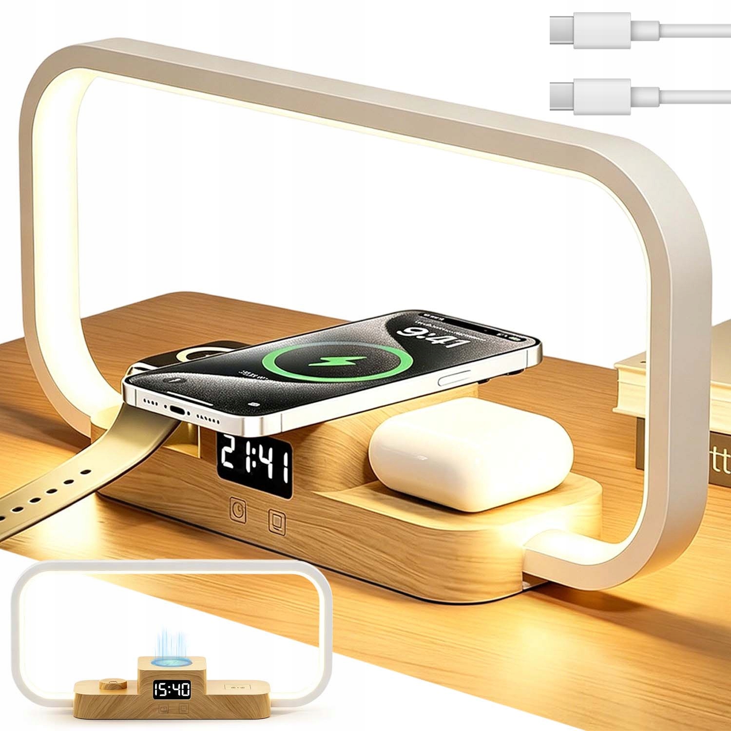 Noční Lampa S Hodinami Indukční Nabíječka 5 Režimů Studené/teplé