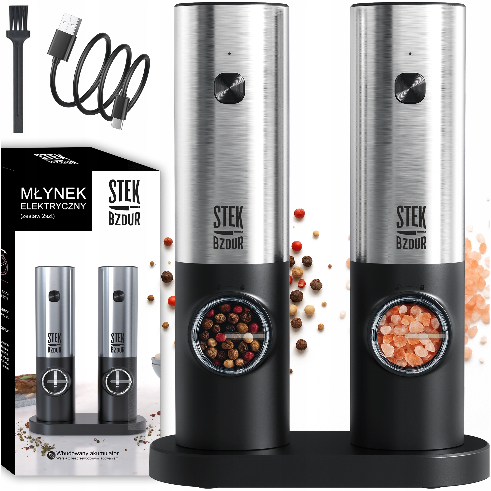 2x Elektryczny Młynek do Mielenia Pieprzu i Soli Akumulator Usb Ceramiczny