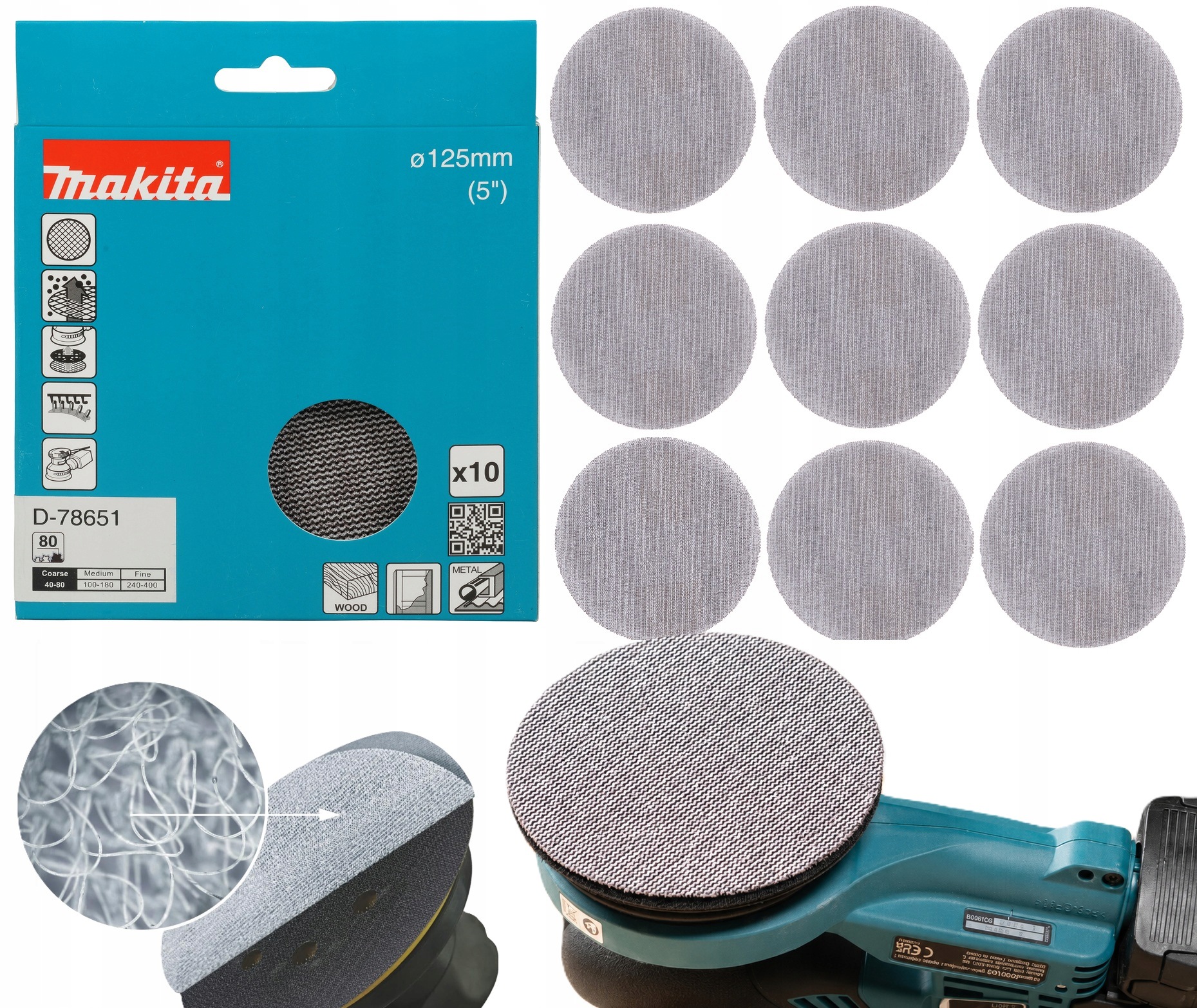 Makita D-78651 Siatka szlifująca na rzep okrągła 125mm Tarcza A80 10szt