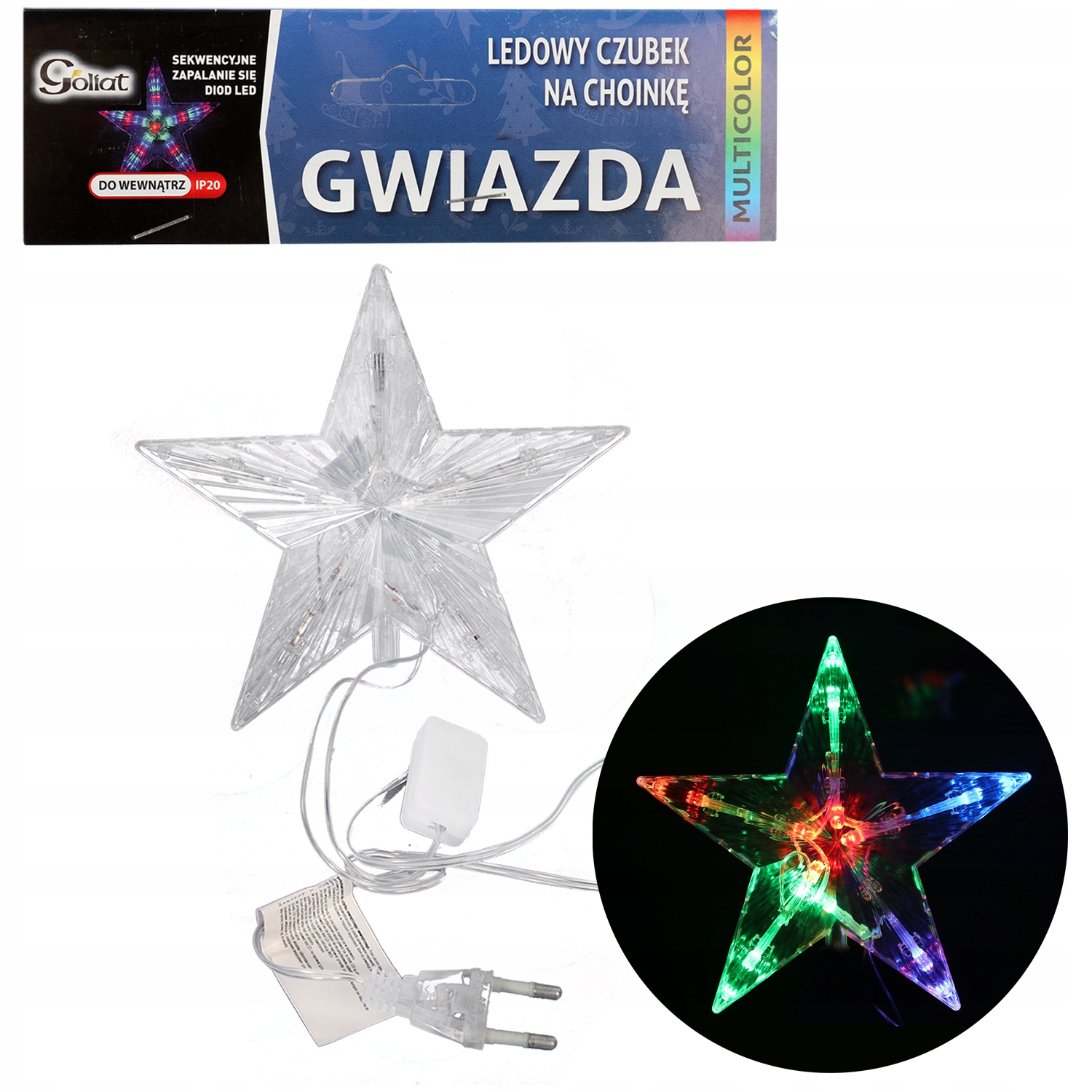 Gwiazda LED na czubek choinki multikolor 16cm