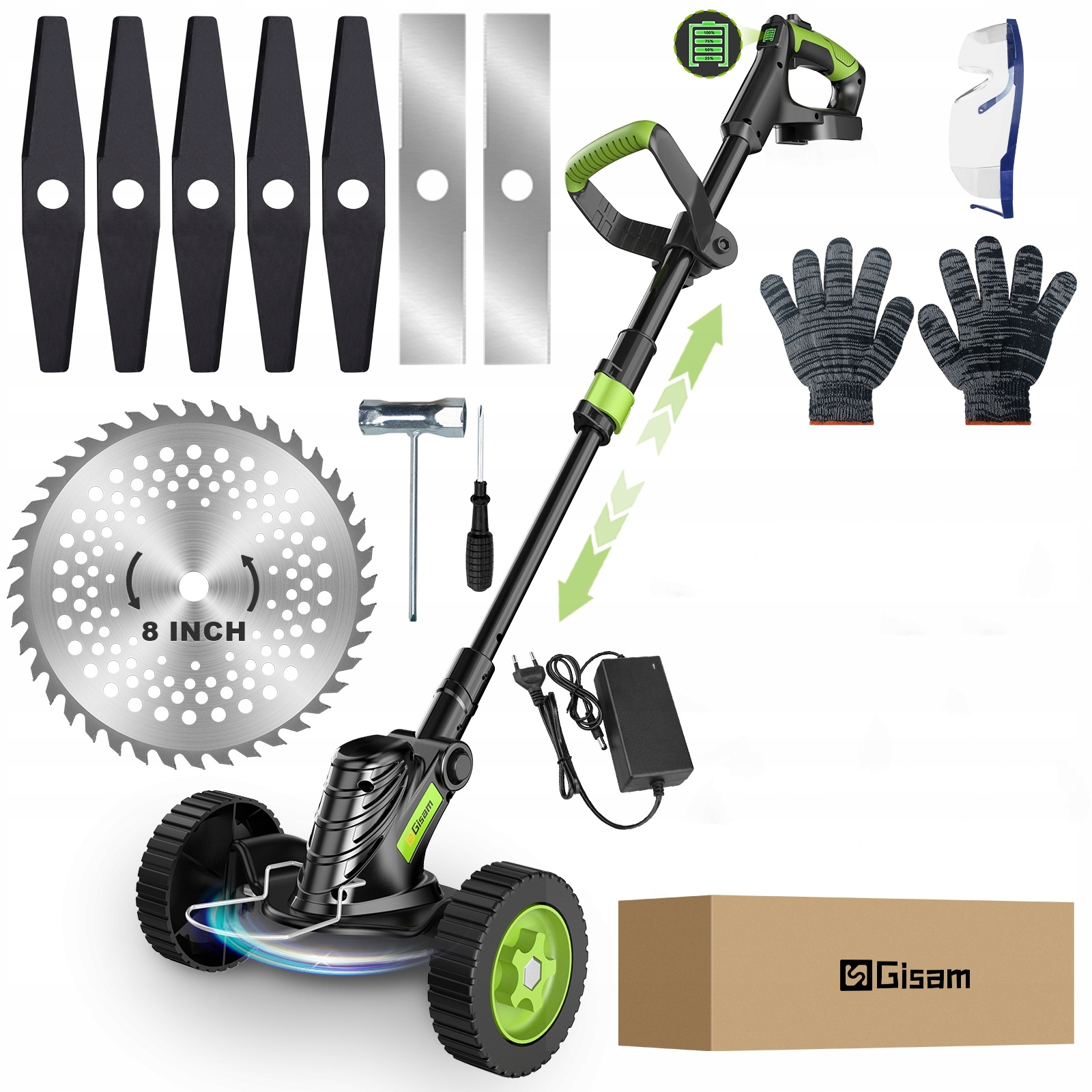 Akumulátorový vyžínač trávy se sekací hlavou, kolečky a noži