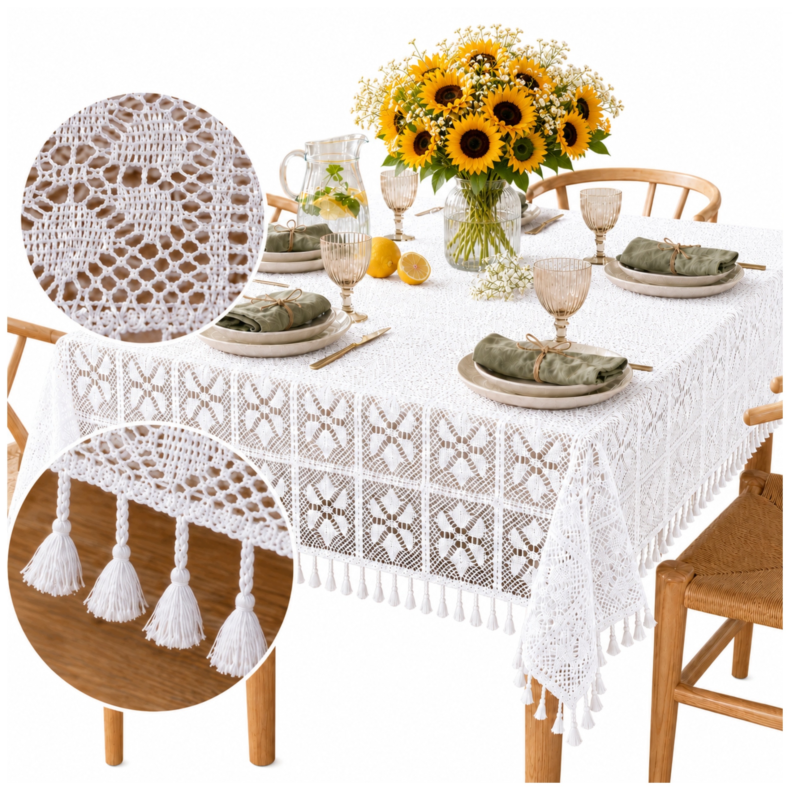 Obrus szydełkowy naturalny bawełniany 130x180 Boho bawełna szydełko biały