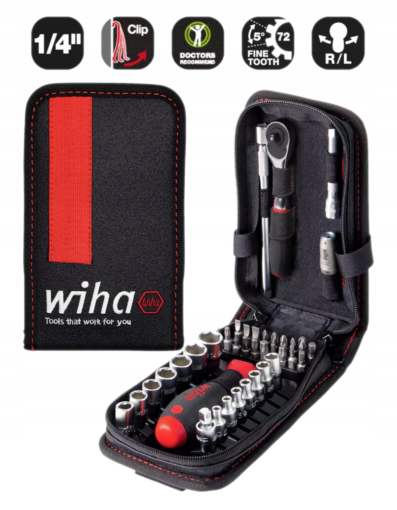 Wiha Zestaw kluczy nasadowych 1/4" 40 części w piórniku 44684