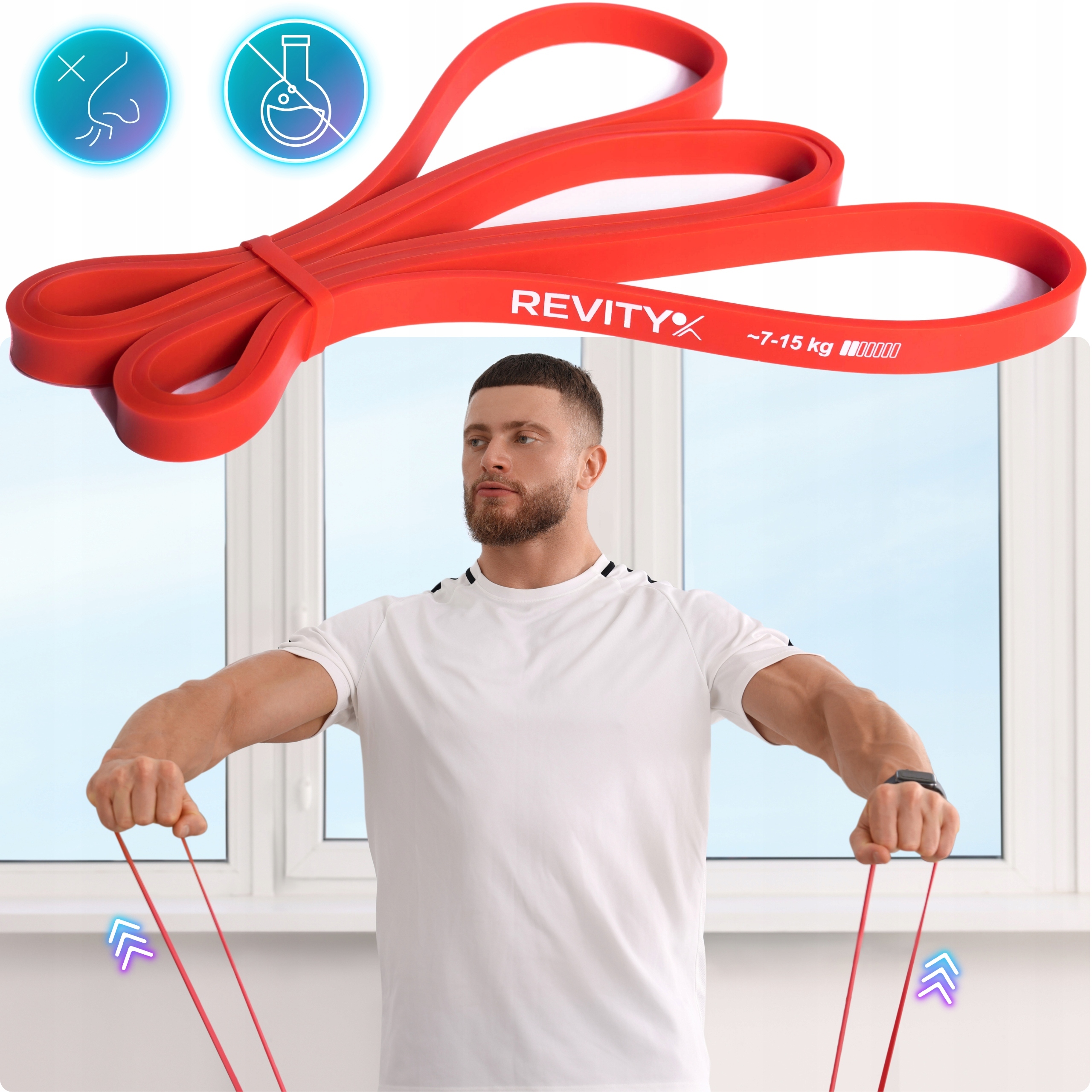 TAŚMA GUMA OPOROWA DO ĆWICZEŃ FITNESS CROSSFIT REHABILITACJI CZERWONA Model Power Bands Taśma Czerwona 7-16 kg