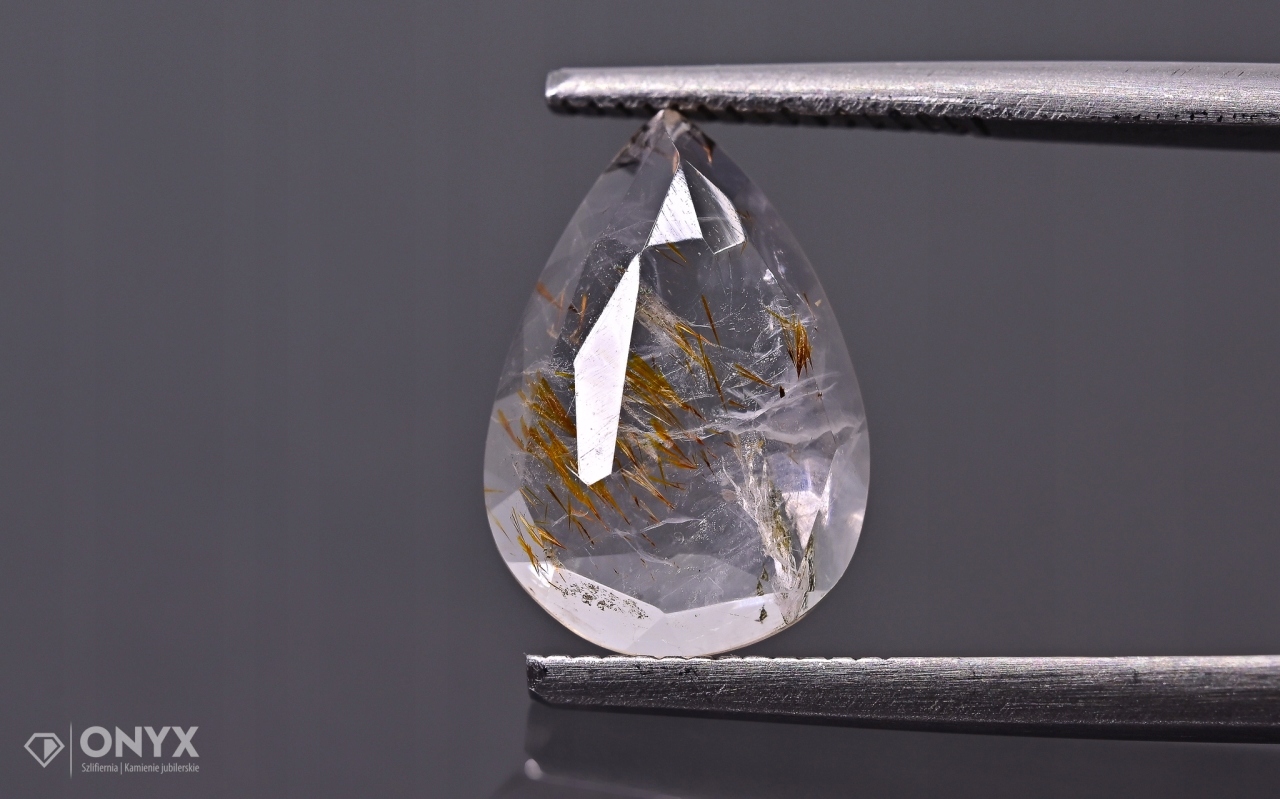 Křemen s rutilem fazetovaná slzná růžice 12x8,5 mm