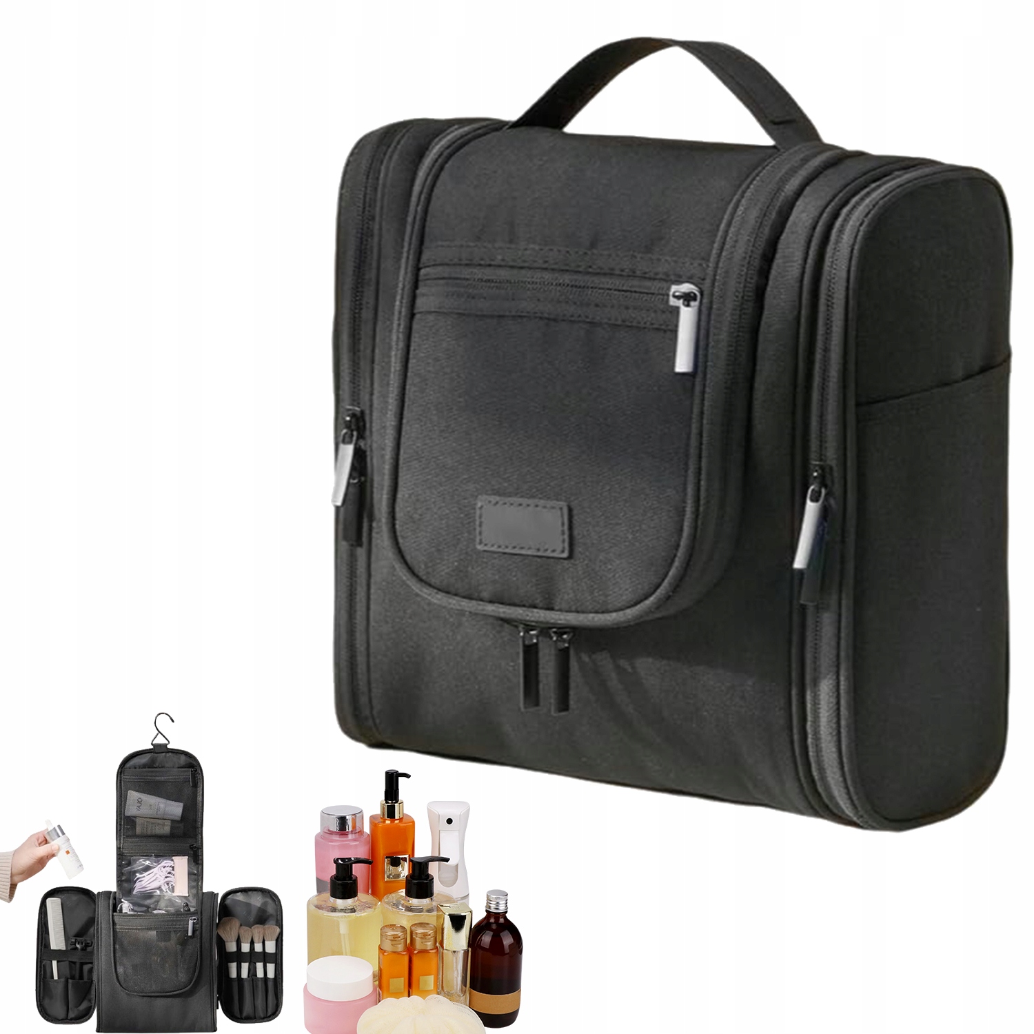 Černá Velká Cestovní Kosmetická Taška S Potiskem, Unisex, Vícekomorová, Pro Kempování