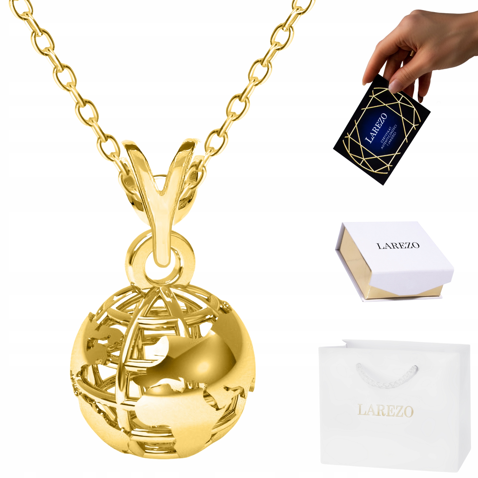 

Złoty Naszyjnik 925 Globus złota planeta ziemia 3D
