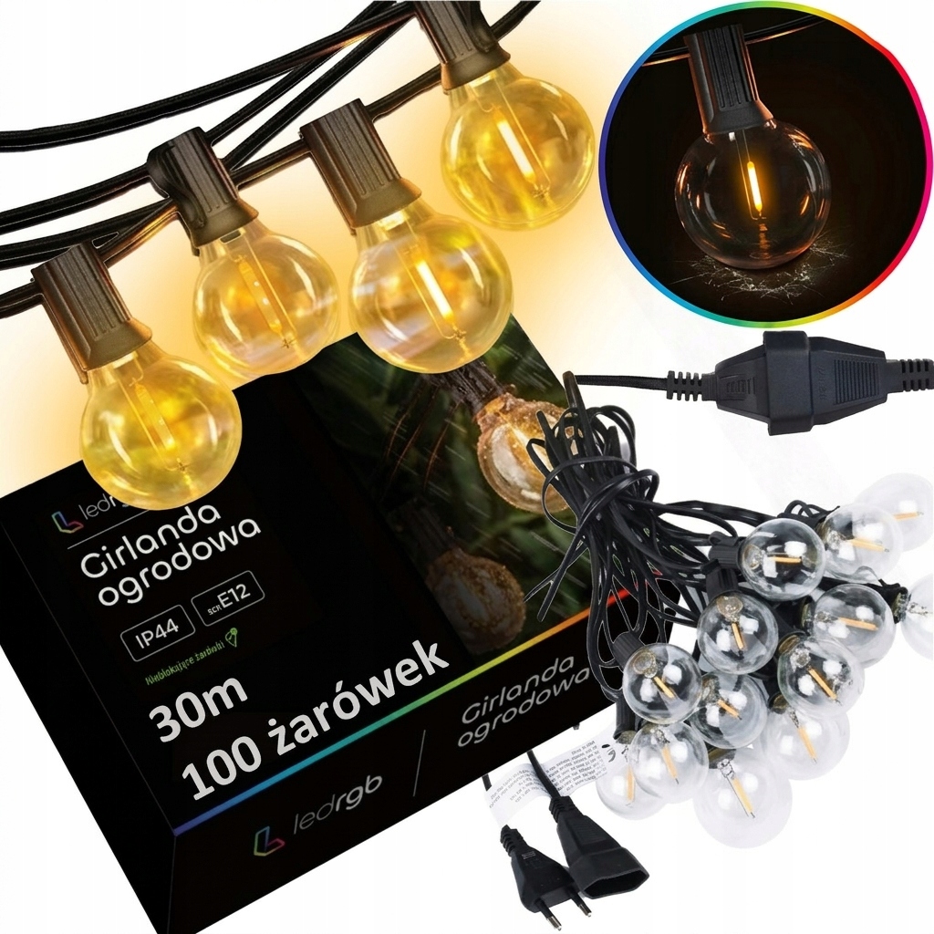 Zahradní světelná girlanda 30M 100 x Led žárovka E12 Vodotěsný kabel