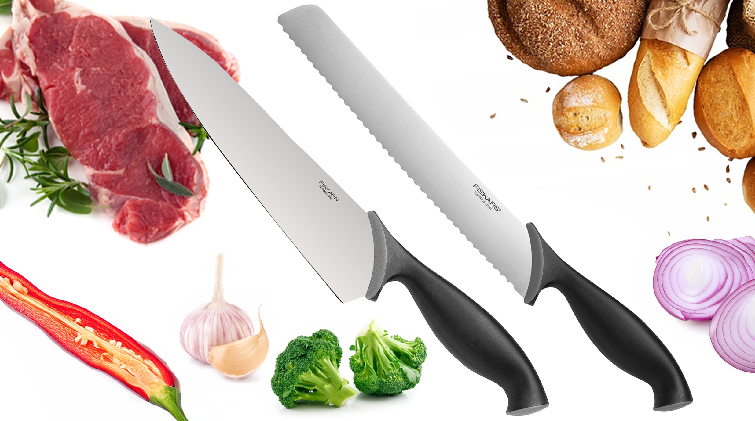 FISKARS ZESTAW NOŻY NÓŻ KUCHENNY CHLEBA SZEFA KUCHNI SIEKANIA KROJENIA 2el Stan opakowania oryginalne