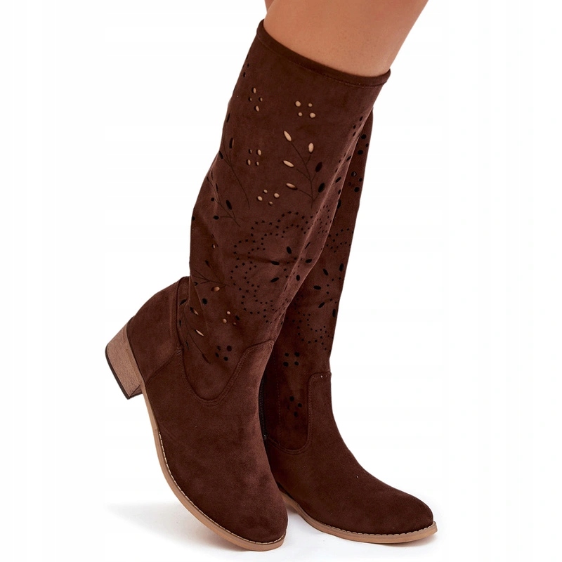 Dámské Kozačky S Perforovaným Podpatkem, Kostka Na Zip, Eko Semiš, Čokoládové, Velikost 36