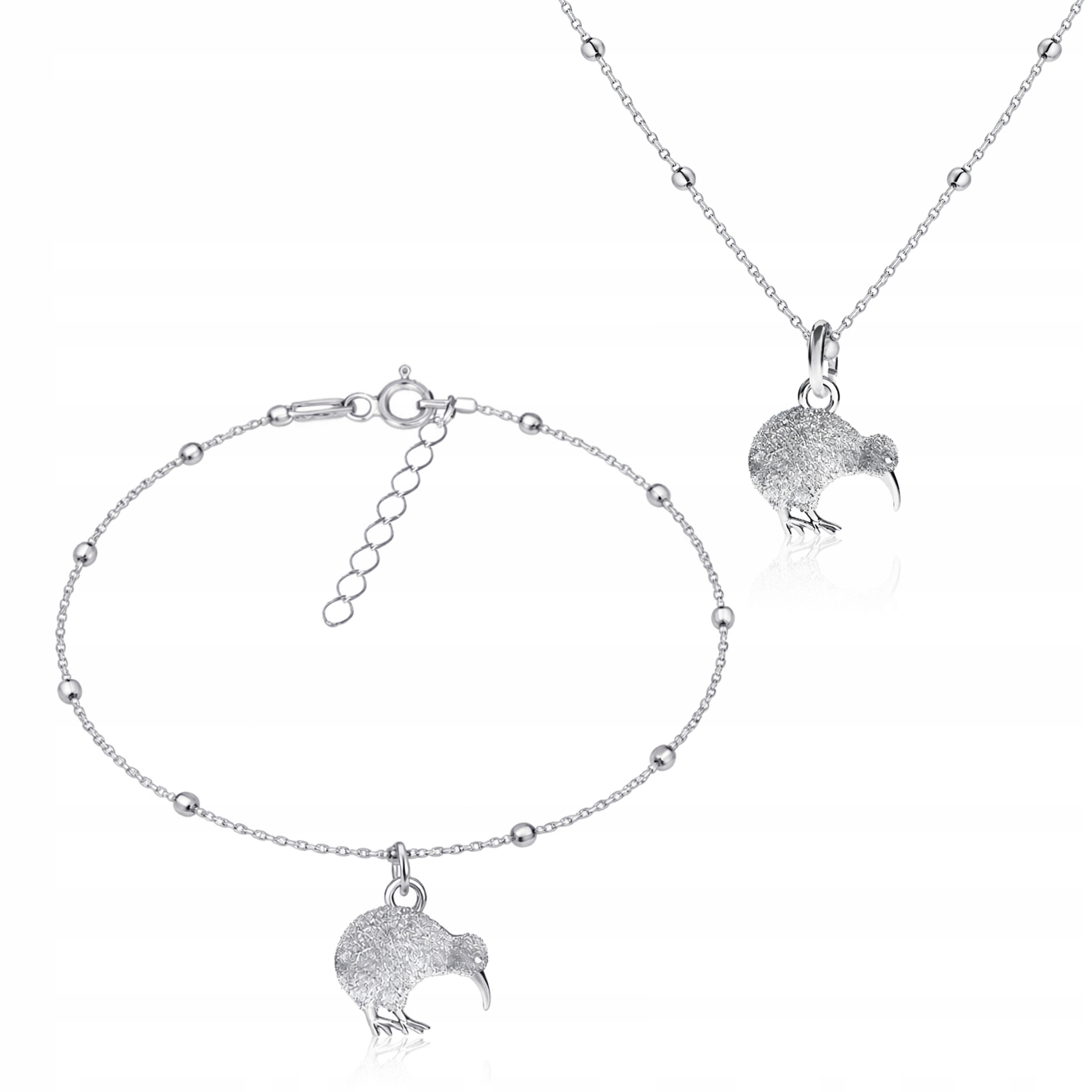 Ptáček kiwi stříbrný set šperků řetízek kuličkový stříbro 925