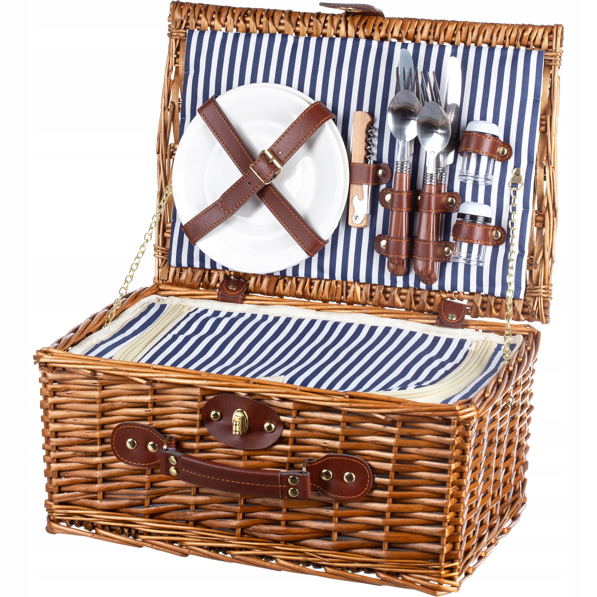 KOSZ PIKNIKOWY WIKLINOWY SZTUĆCE TALERZE TERMOTORBA 2 OSOBY PREZENT