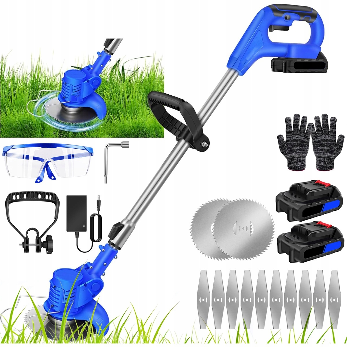 800W vyžínač 21V s řezací hlavou 0-90° a 3 druhy čepelí, modrý
