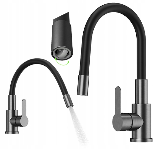 Kuchynská batéria s flexibilným výtokom Grado Plus gun grey, otočný perlátor