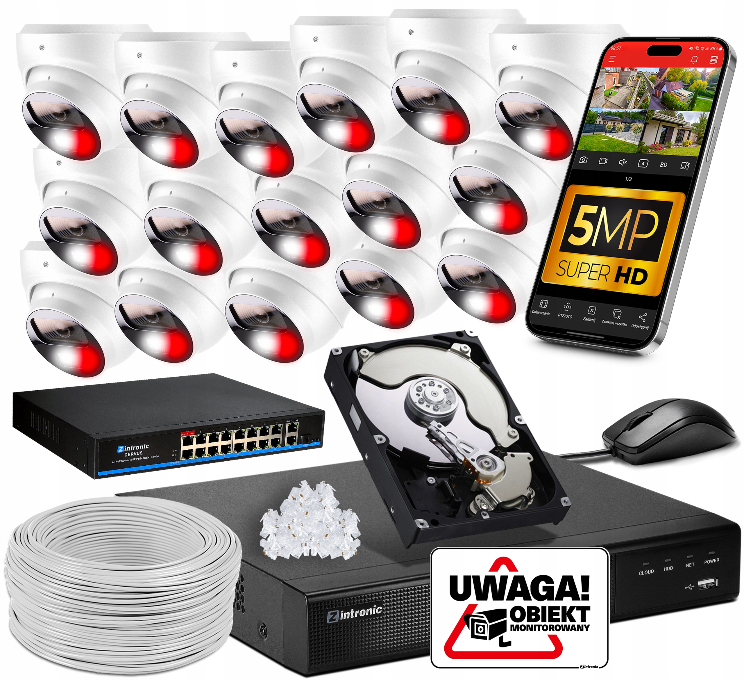 Sada Monitoringu Ip PoE 16 Kamer 5MPx Bílé Audio Detekce 1TB Switch