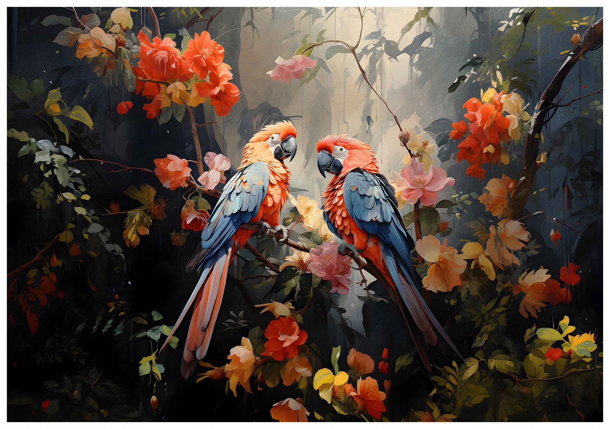 Fototapeta Tropické papagáje medzi kvetmi 368x254 Rajský vták lepidlo