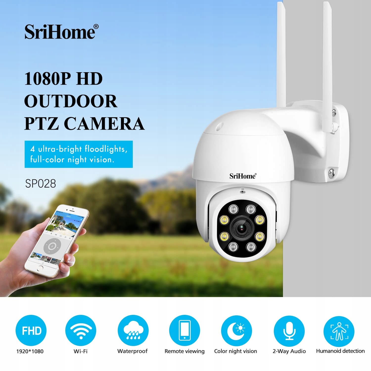 SRISHOME Kamera Zewnętrzna 1080P WiFi PTZ IP66 Nocna Dwukierunkowa Audio — miniatura 2