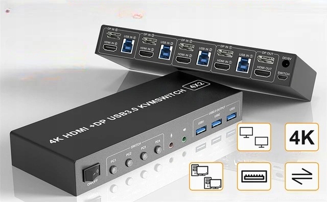 Přepínač Kvm Usb 3.0 Hdmi 2 Monitory 4 Počítače Ovládání Audio-video