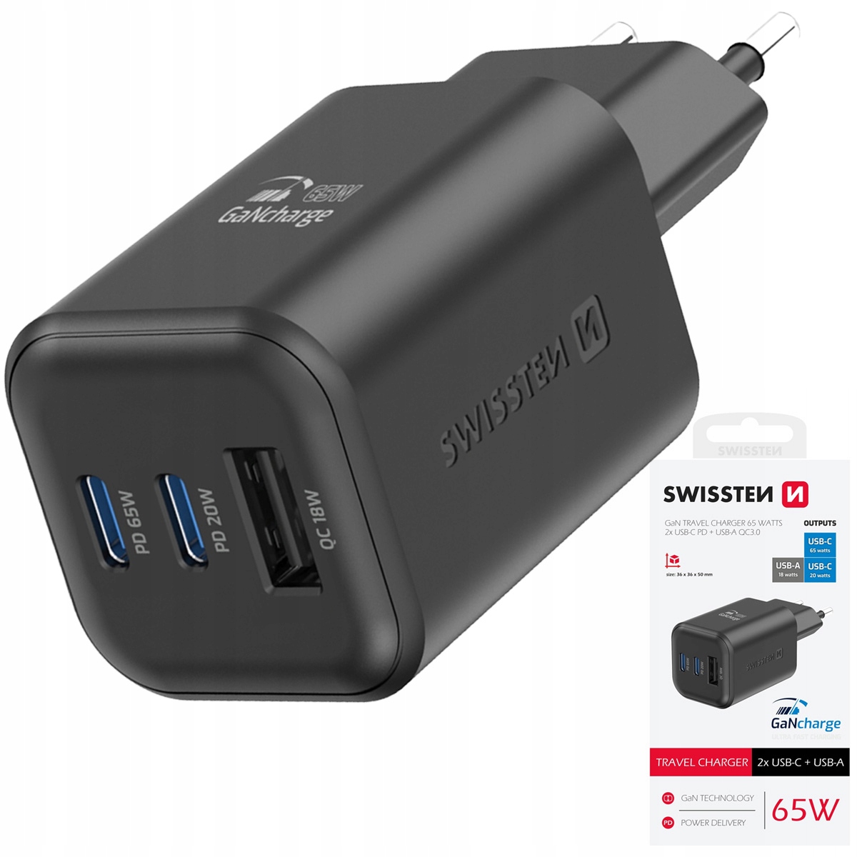 Swissten Szybka Ładowarka Sieciowa GaN 65W Pd 2x Usb-c 1xUSB-A Czarna