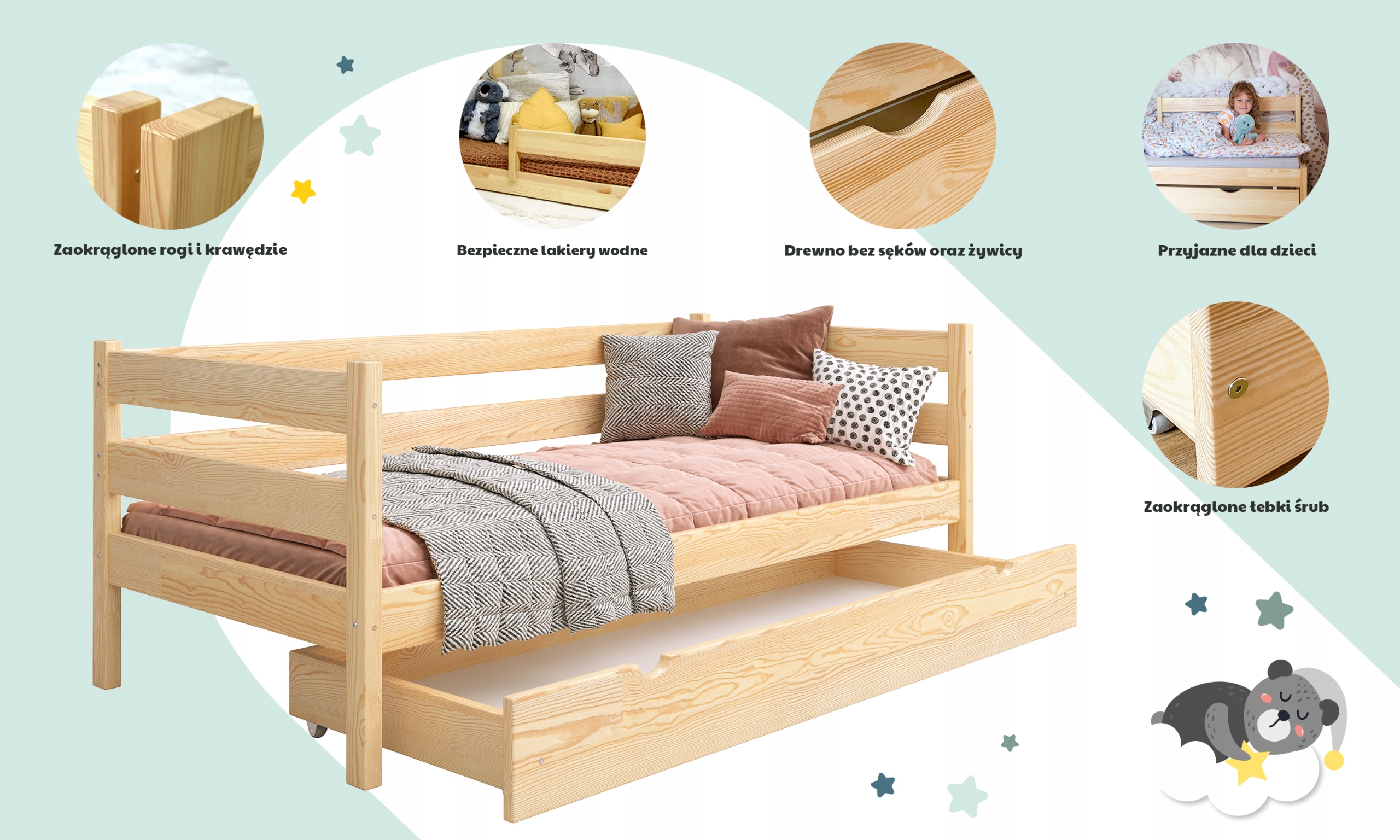 YOUKO Drewniane pojedyncze łóżko dziecięce CHARLES Szerokość mebla 87 cm