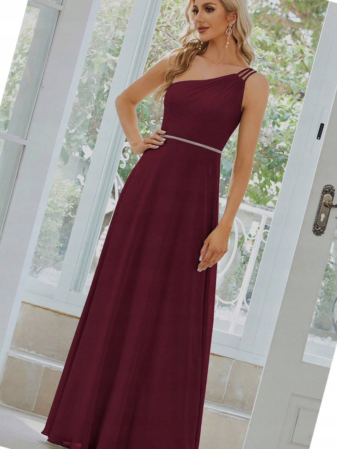 Šaty na jedno rameno Maxi Burgundská Šifonová L 40
