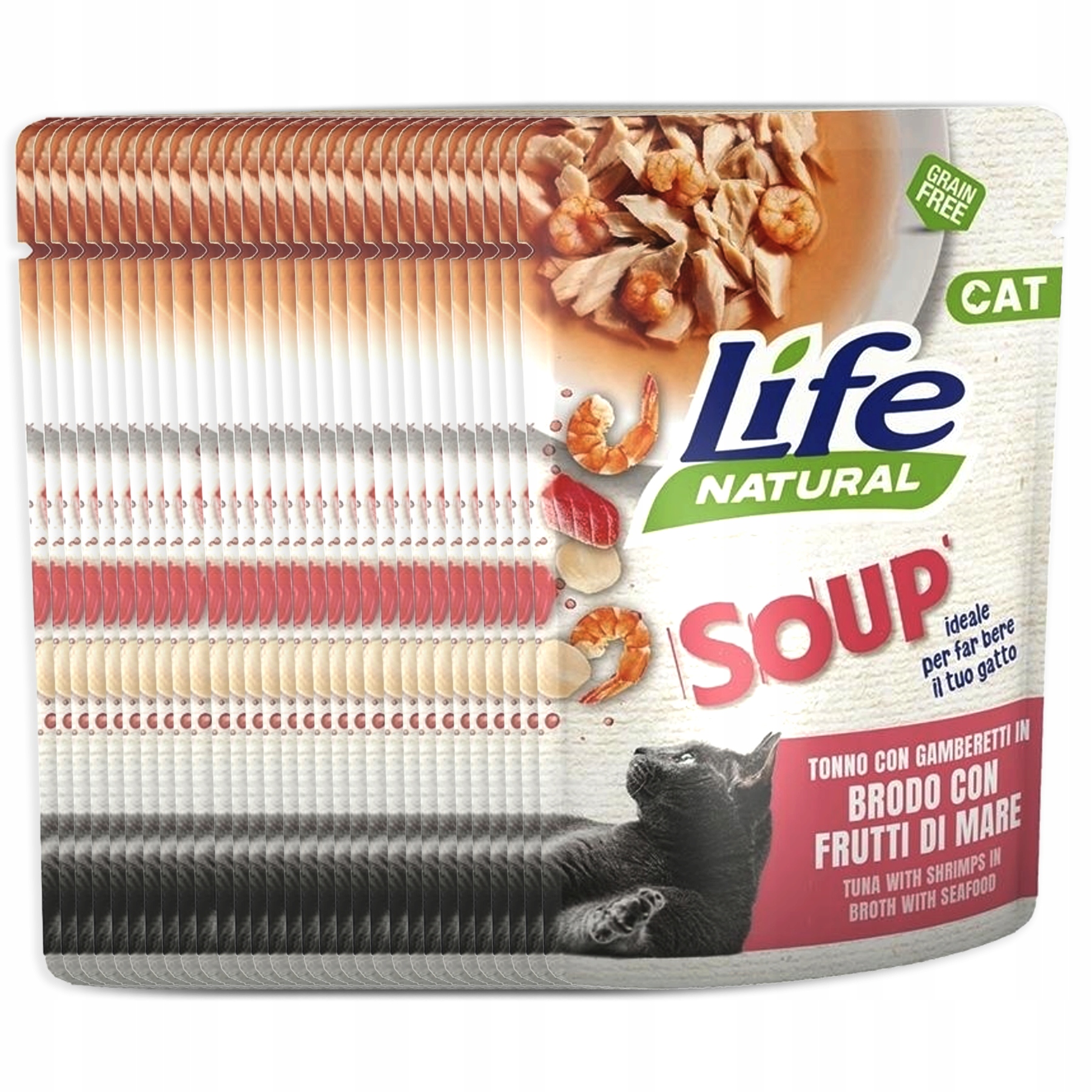 Levně Life Cat Soup pro kočky kapsička 30x60 g Mořské plody Tuňák Krevety