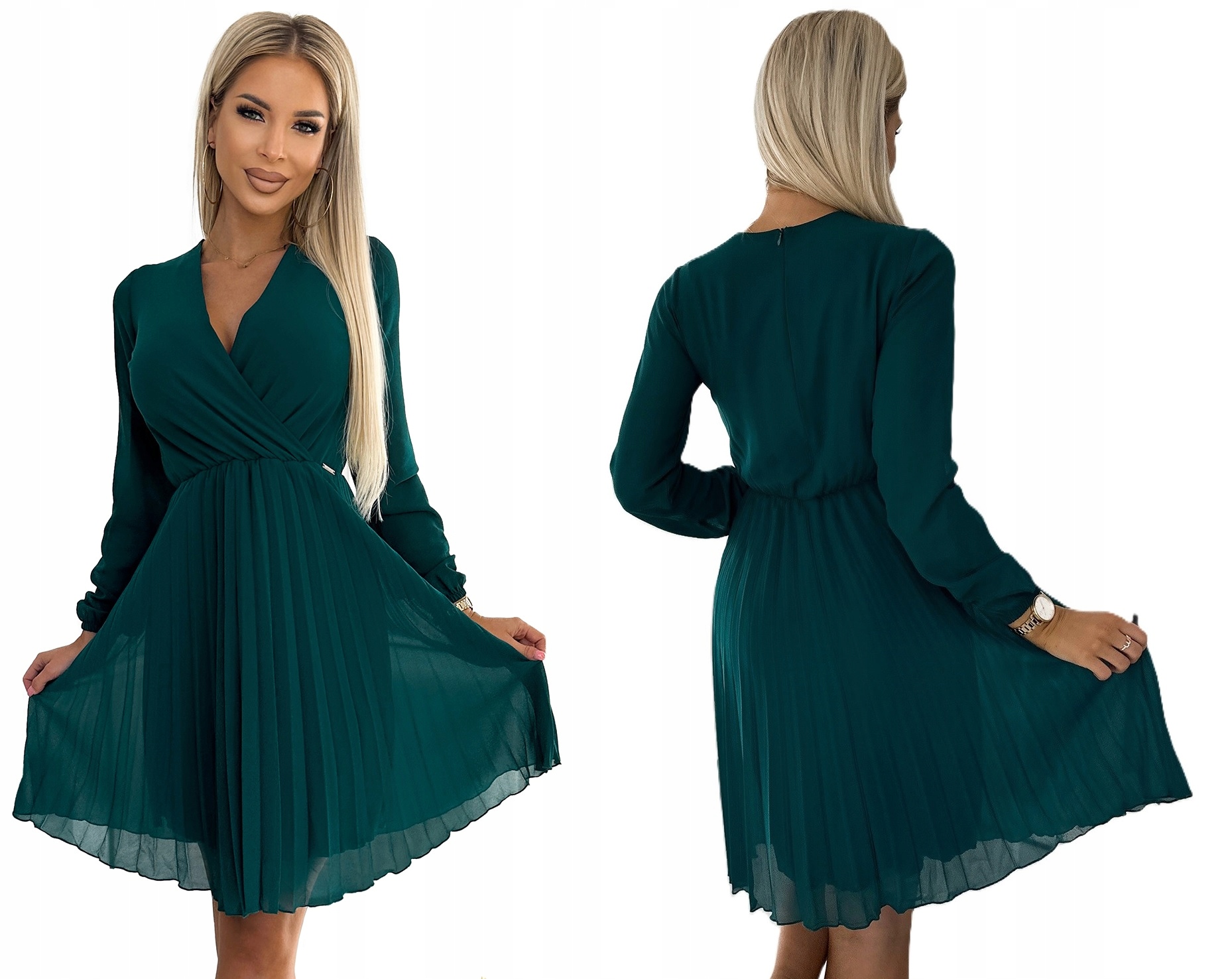 Průsvitná Plisovaná Šaty S Dlouhým Rukávem, Hluboký Výstřih, Zelená, Velikost XXL