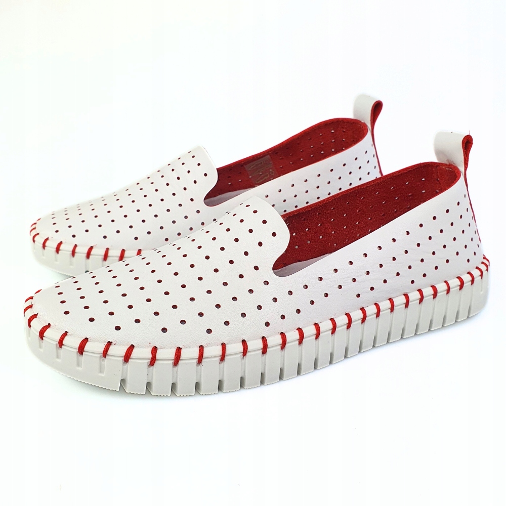 NESSI 18390 miękkie mokasyny slip on biały + czerwony skóra rozmiar 38 Długość wkładki 24.8 cm