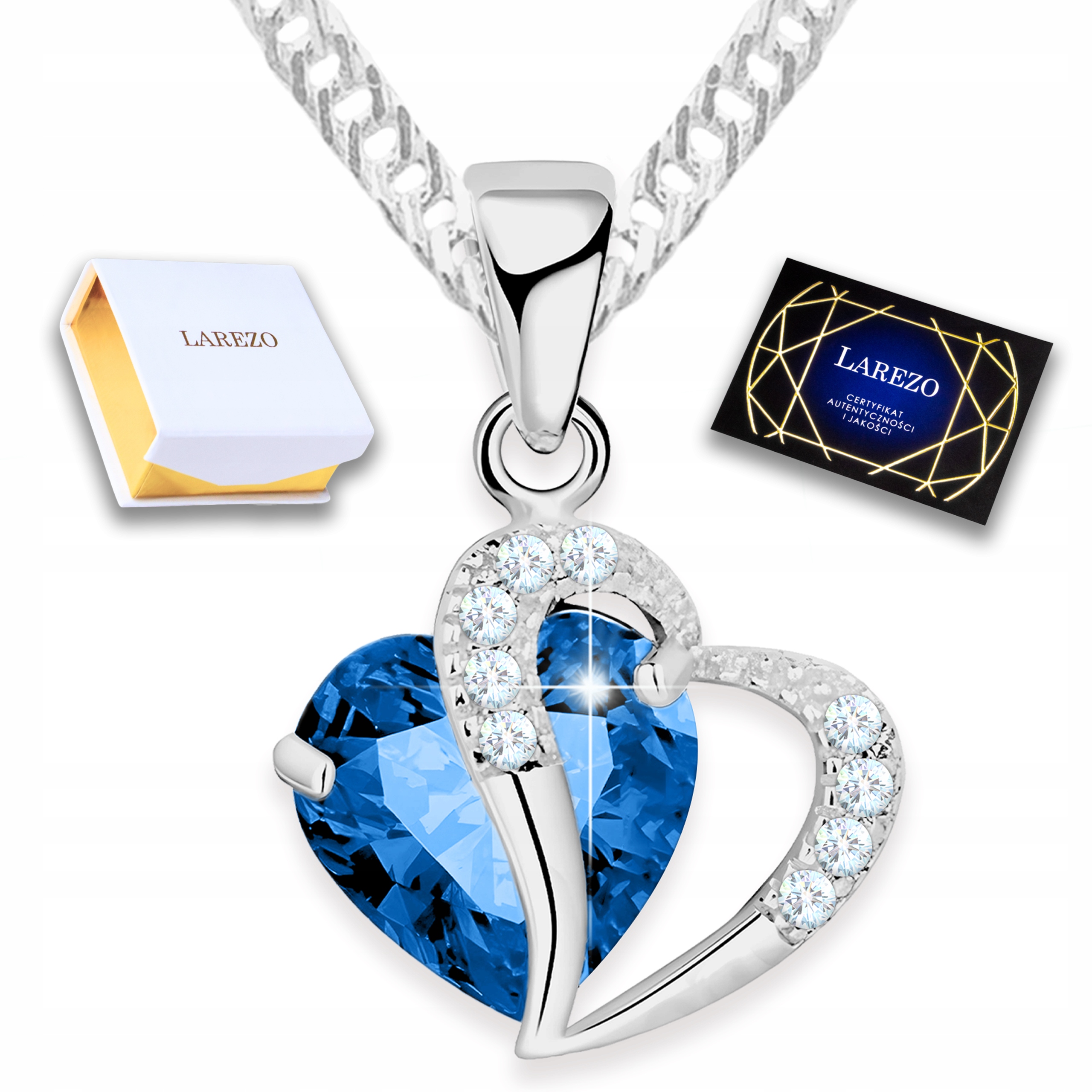 Stříbrný náhrdelník Dvě srdce 925 Safírový Křišťál Srdce Láska se zirkony