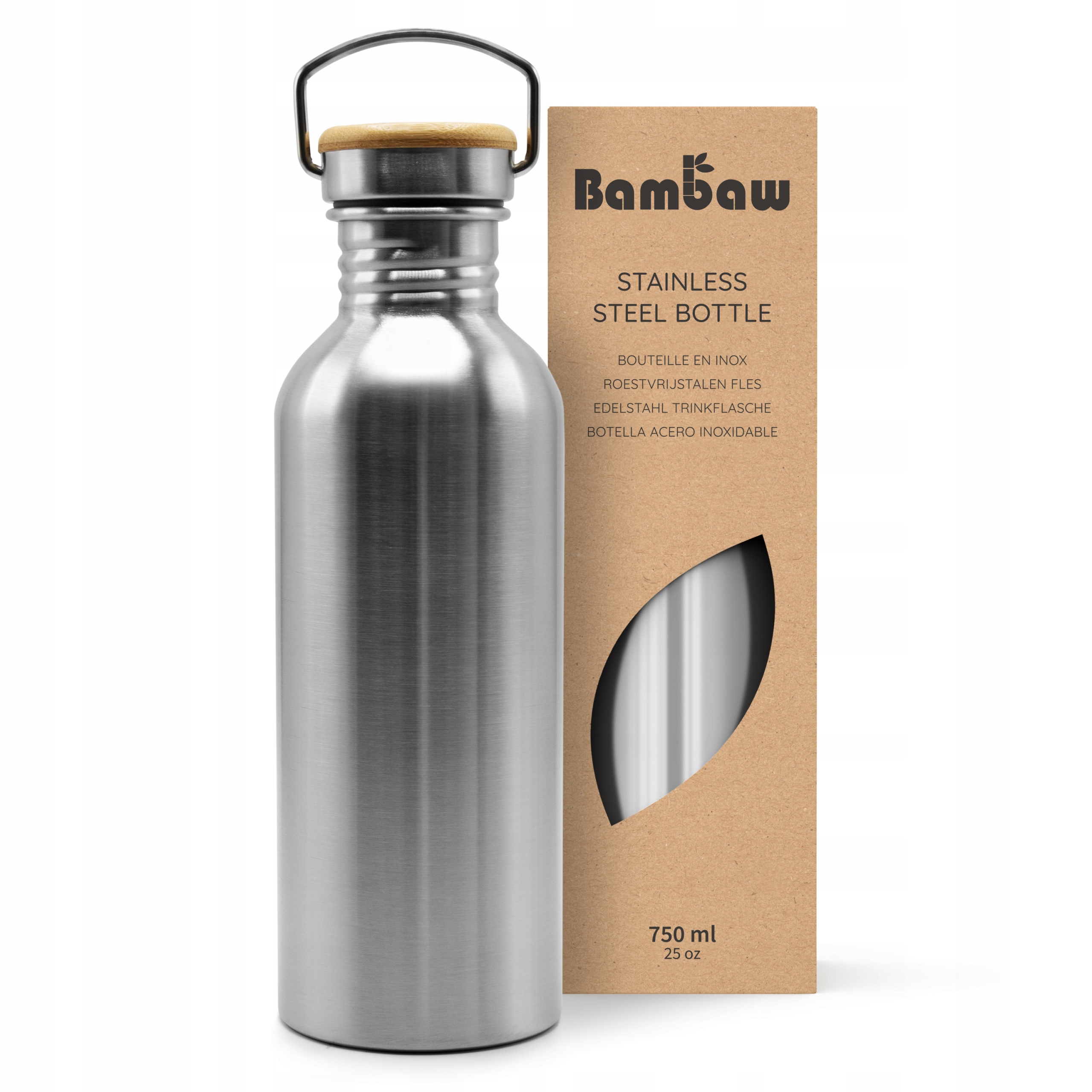 Bambaw, butelka metalowa ze stali nierdzewnej z bambusową nakrętką, 750 ml