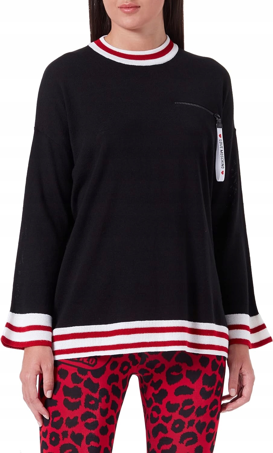 Oversize svetr s rozevřeným rukávem a ozdobným zipem červený Love Moschino 46