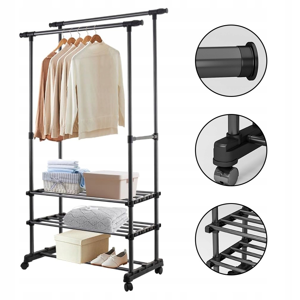 Levně Stojanový Věšák Na Kolečkách, Dvojitá Nastavitelná Tyč, Kovový, 3-VRSTVÝ