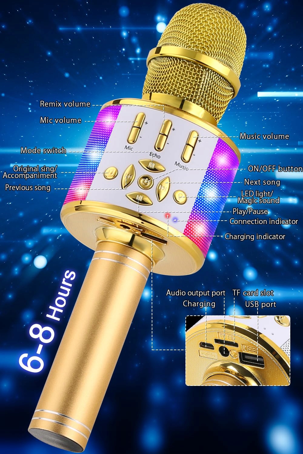 BONAOK Magiczny Karaoke Mikrofon Bluetooth Dla Dzieci i Dorosłych Złoty — miniatura 6