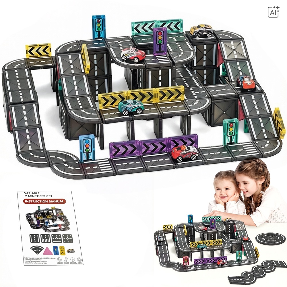 Klocki Magnetyczne Tor Samochodowy Zestaw Dla Dzieci Ulica 4 X Auta 128 El