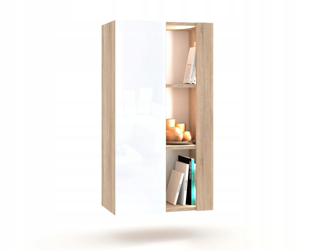 Závěsná vitrína Rtv skříňka do obývacího pokoje Komoda Dub Sonoma Bílý Lesk Led