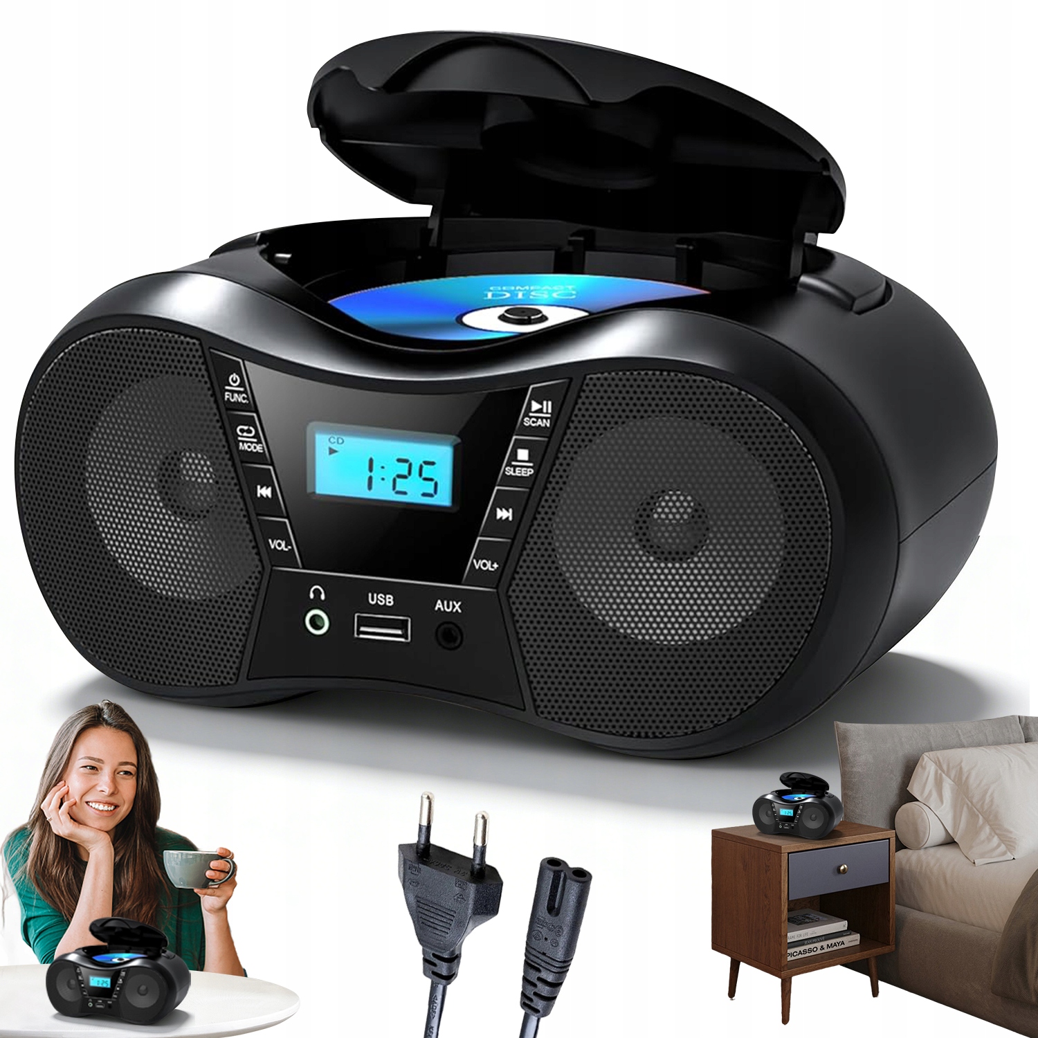 Odtwarzacz CD Bluetooth 5.1 Fm Radio Usb Aux MP3 LCD Przenośny Stereo