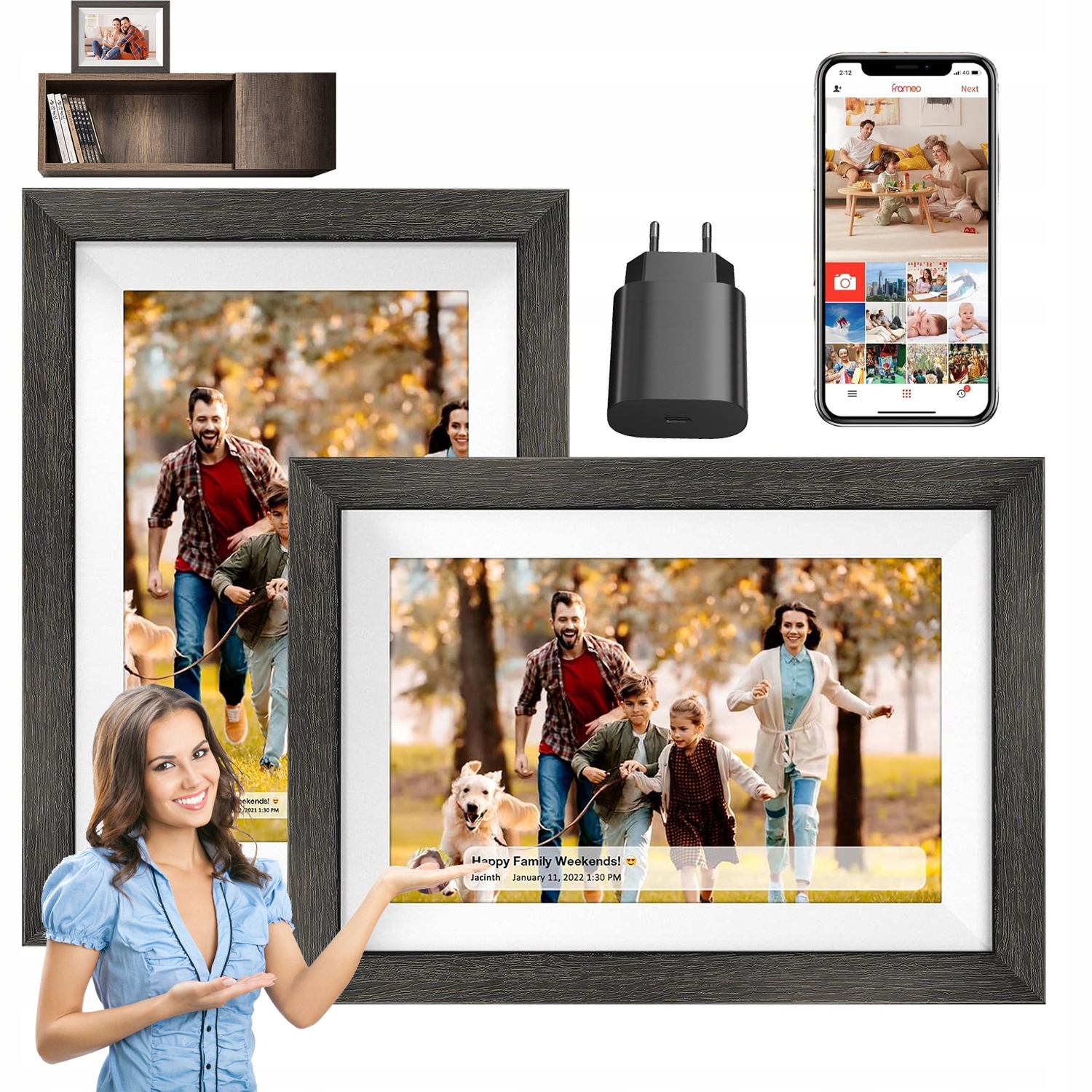 Rámeček Digitální 10.1" Na Fotografie Fotorámeček Hudba Filmy Wifi Frameo Dřevěný