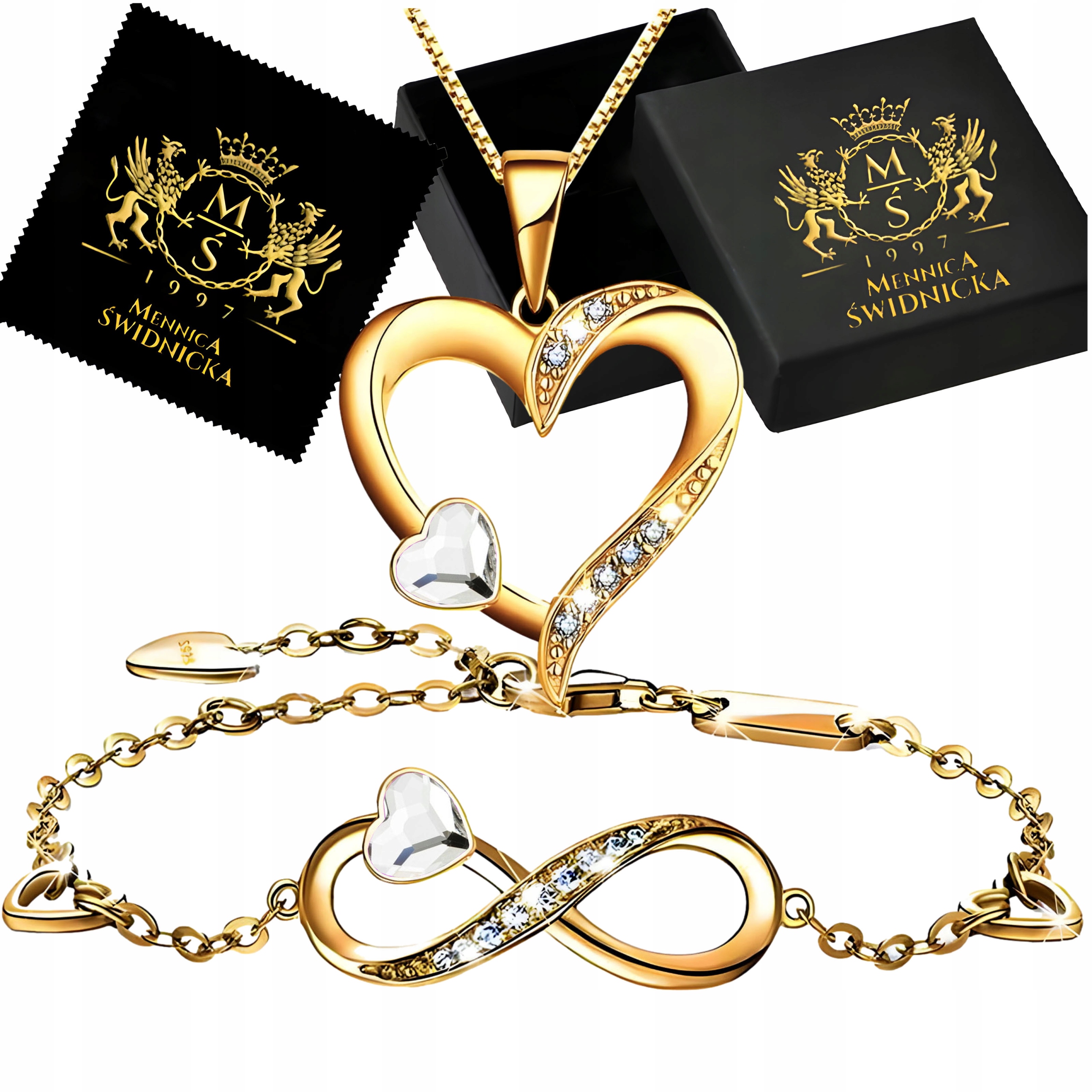 Zlatý komplet Náhrdelník Srdíčko A Náramek s nekonečnem Stříbro