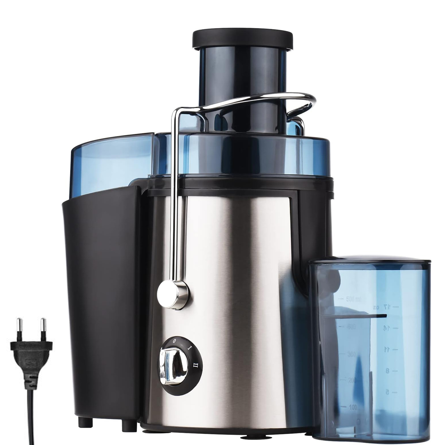 Odšťavňovač na ovoce, lis na jablečný džus s velkou nádobou na dužinu, stříbrný