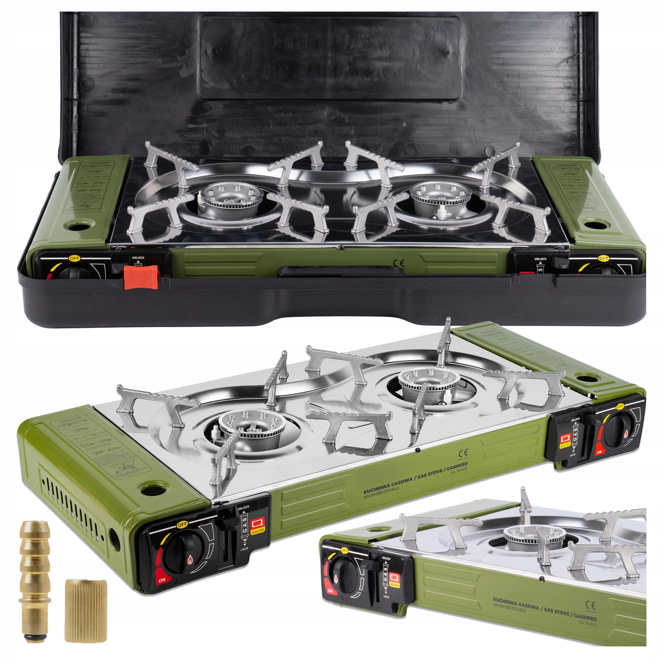 Turistický Vařič 2 Hořáky Přenosný Plynový Na Kartuše Adaptér Láhev