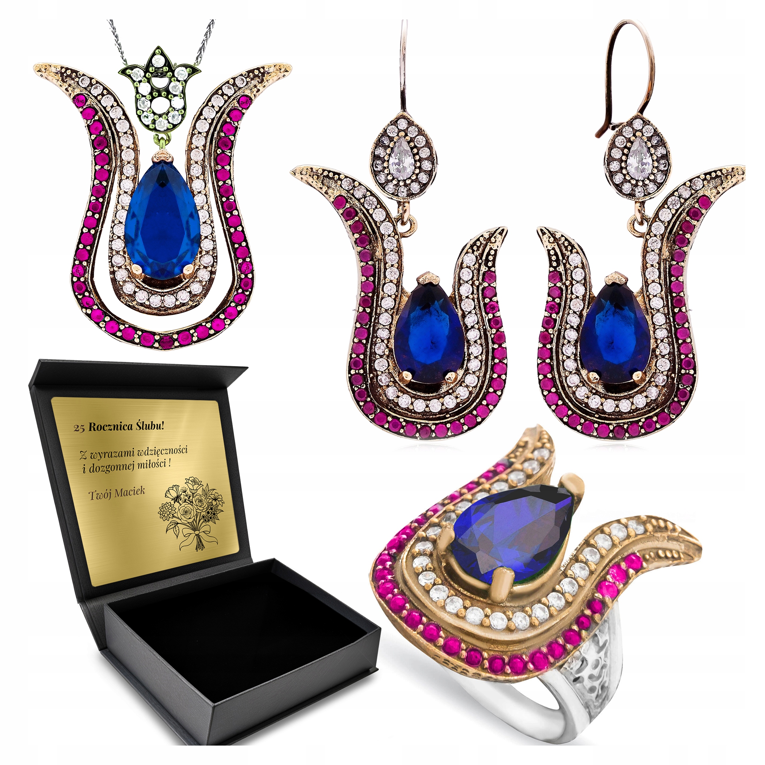 Komplet Stříbrných Šperků 925 Zirkony Safír Dárek pro ženu Gravírování