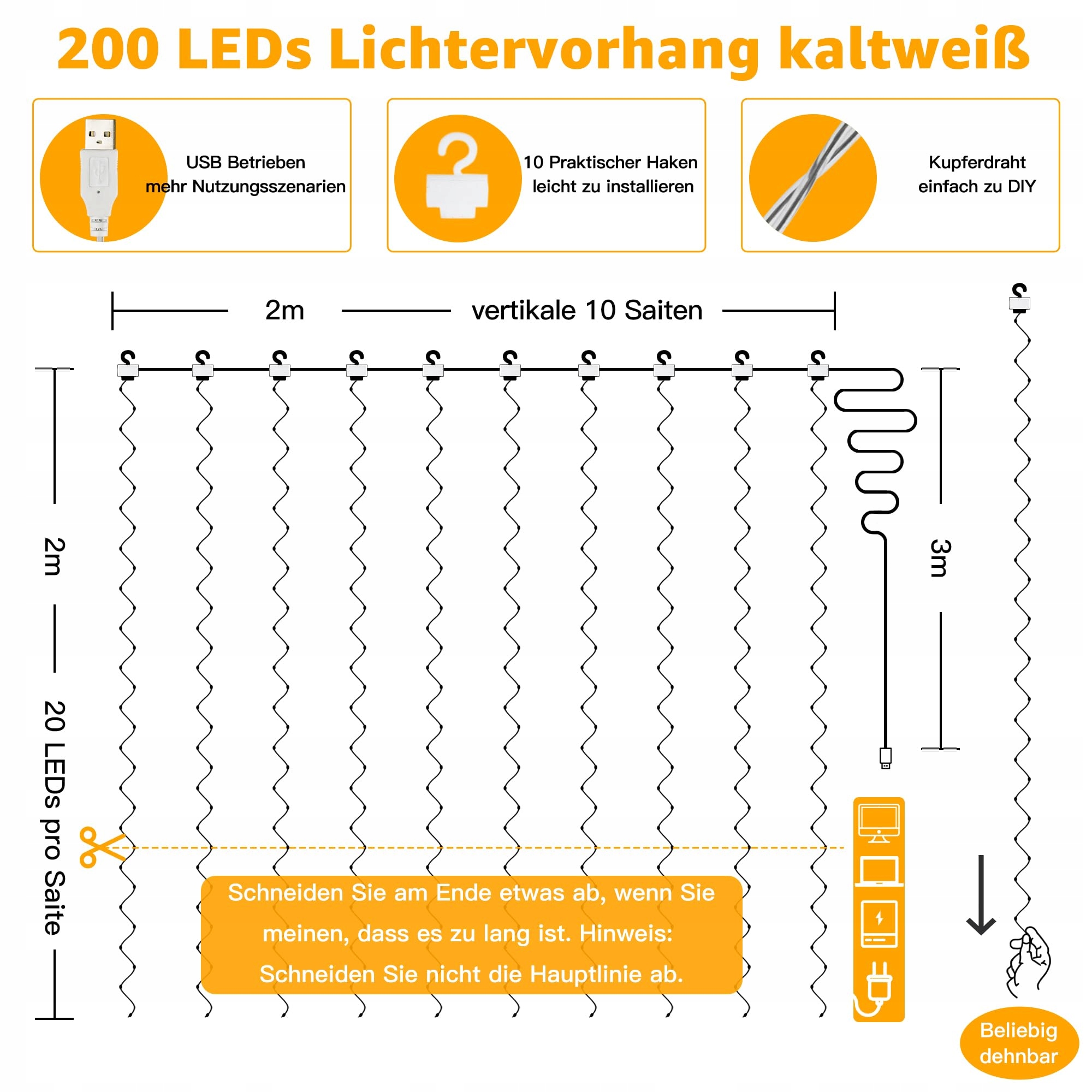 OLLNY Kurtyna Zasłona Girlanda Świetlna Lampki Dekoracyjne 2x2m 200LED — miniatura 8