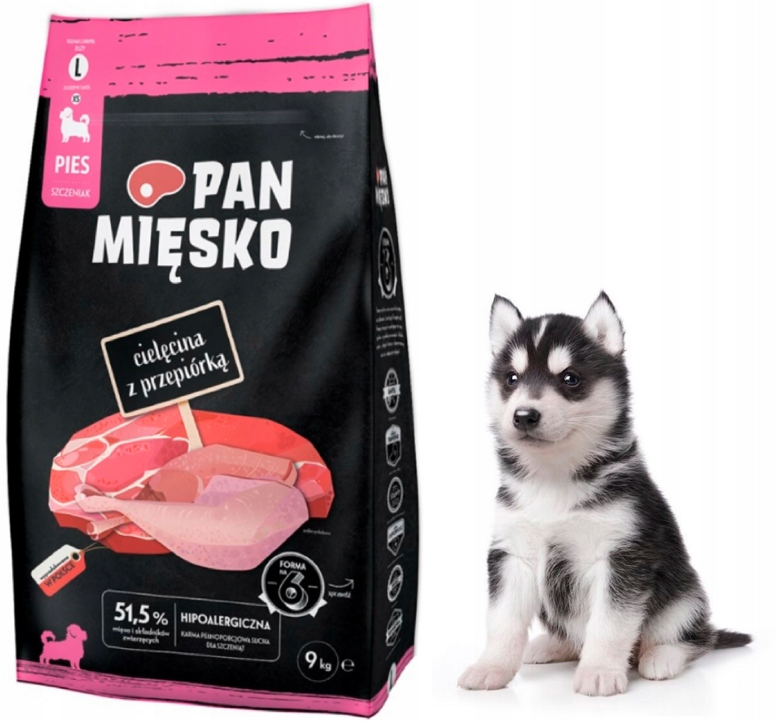 Sucha karma dla szczeniąt Pan Mięsko Cielęcina z Przepiórką chrupki L 9 kg