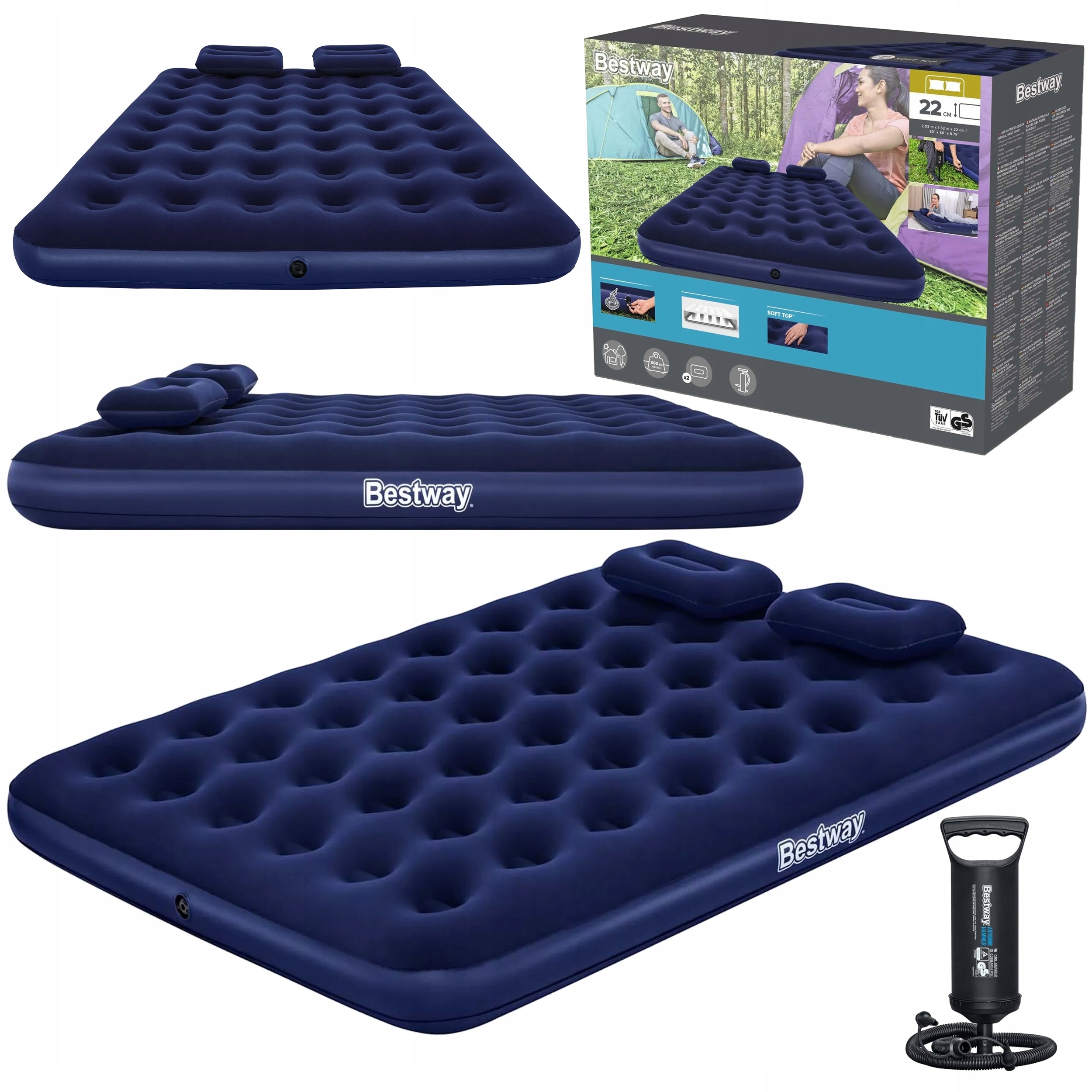 Materac Dmuchany Dwuosobowy Flokowany Pompka 203x152x22cm 67374 Bestway