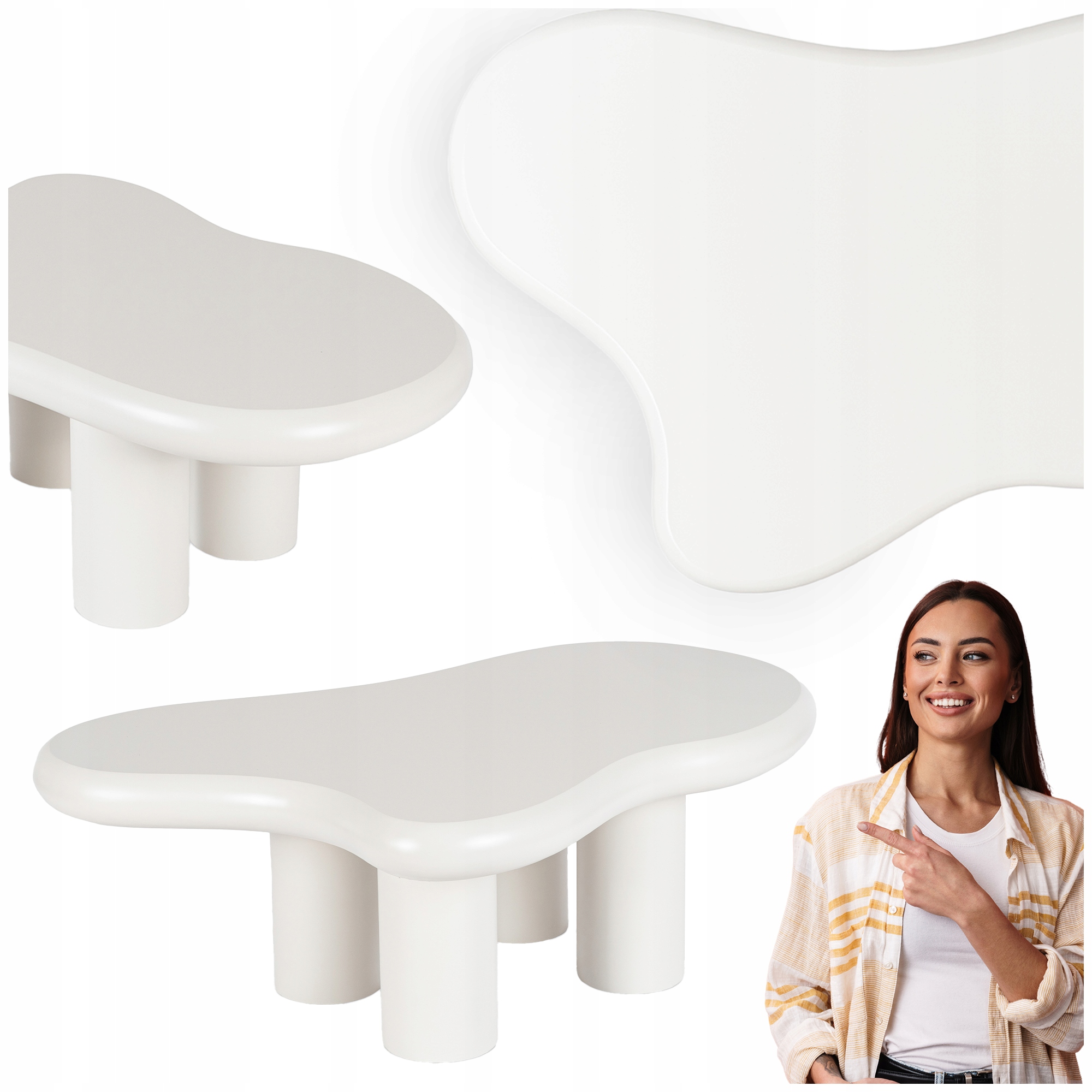 Konferenční stolek Bílý Oválný Obláček Moderní Japandi Malá lavice Perla