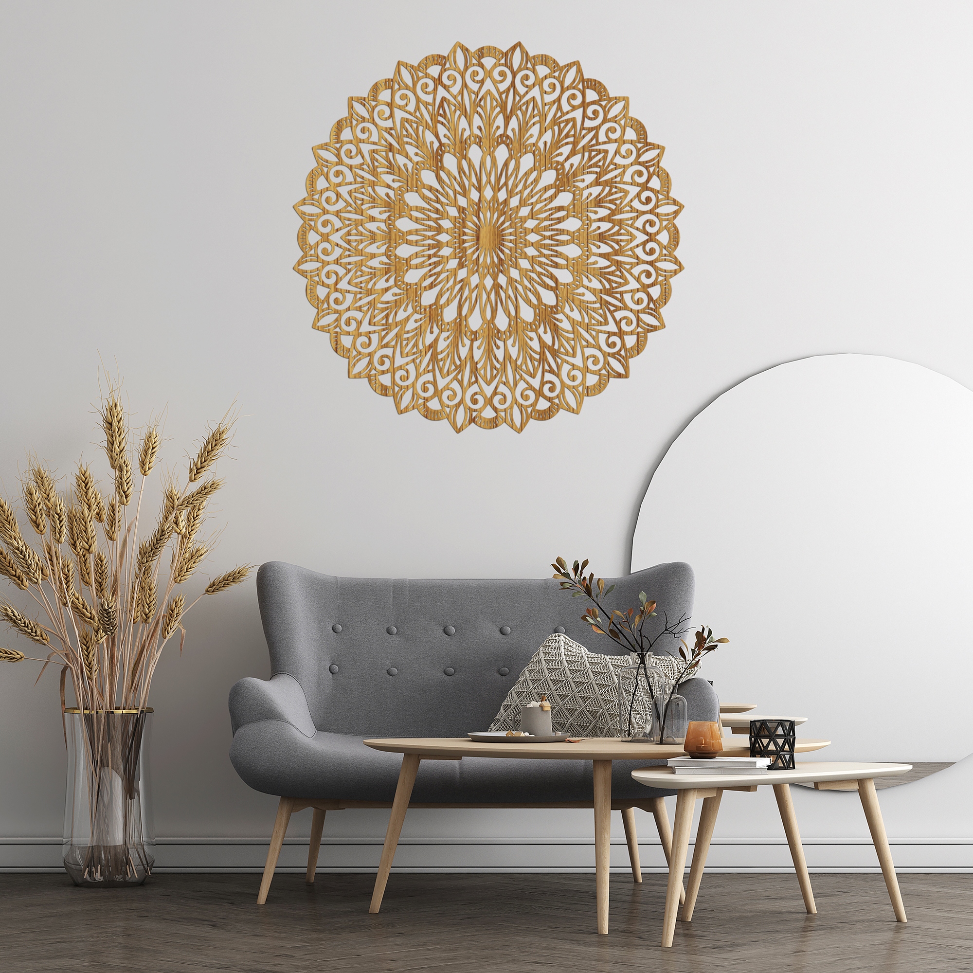 Dekorácia na stenu guľatá, Mandala kvet života, 120 cm Dub