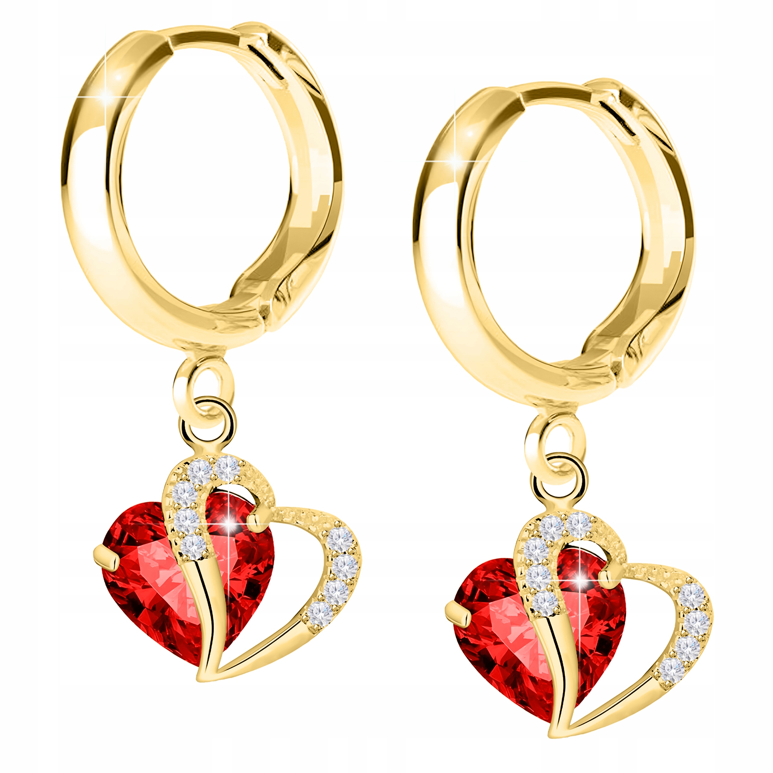 Krásné Náušnice Zlaté 925 Křišťálově Červené Srdce Se Zirkony Srdíčka