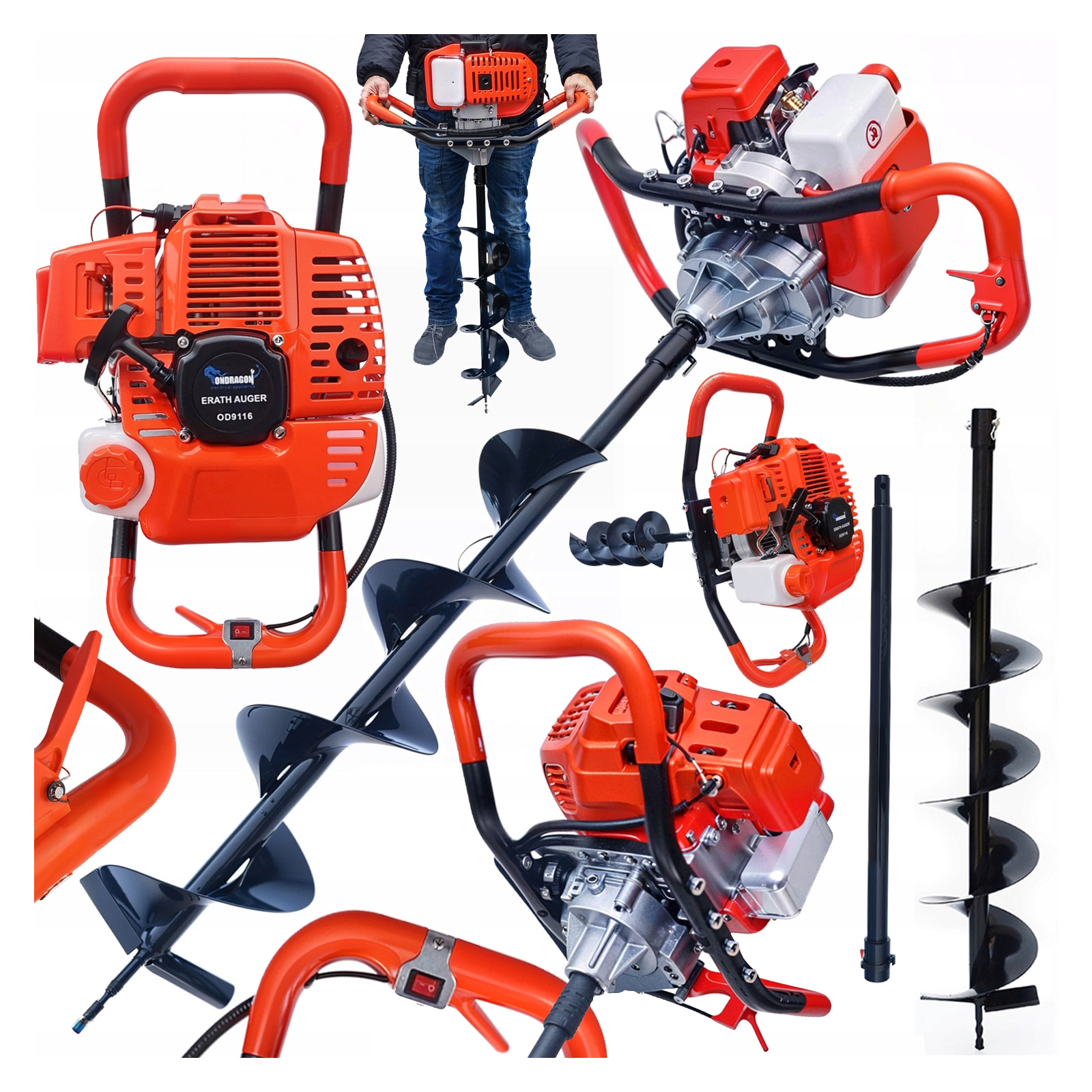 Ondragon benzínový zemní vrták 5,2 kW půdní vrták 150 mm a nástavec 60 cm