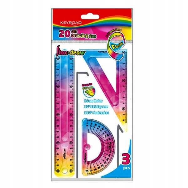 ZESTAW GEOMETRYCZNY ELASTYCZNY KEYROAD RAINBOW DECO LINIIJKA 20 CM, EKIERKA