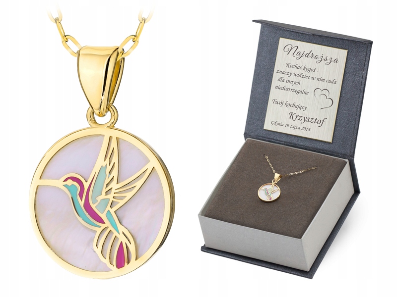 Zlatý Náhrdelník 45 cm pr. 585 Přívěsek Kolibřík Perlová hmota Řetízek 14k